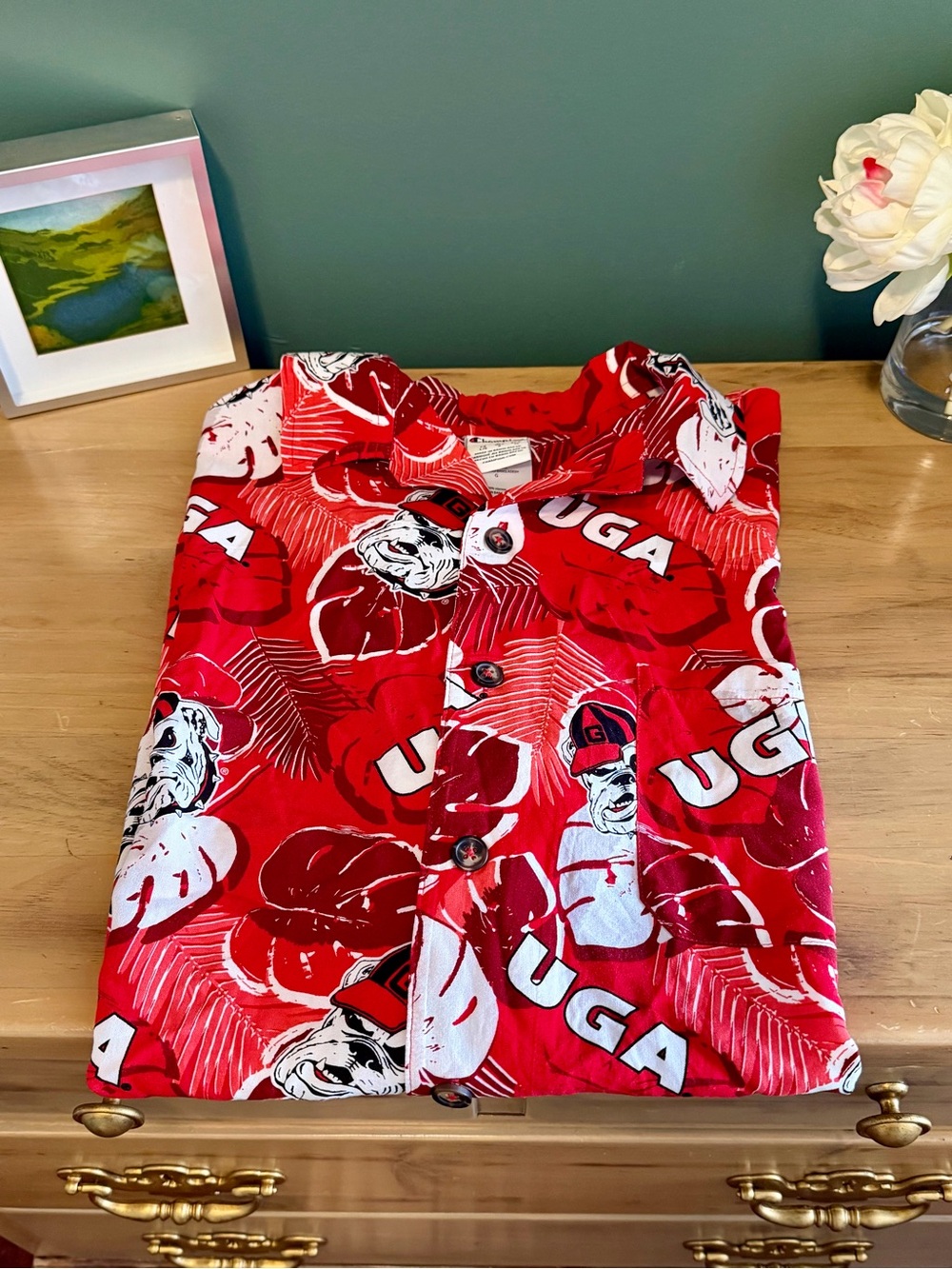Champion Georgia Bulldogs UGA Hawaiian Shirt Large Red Button Front